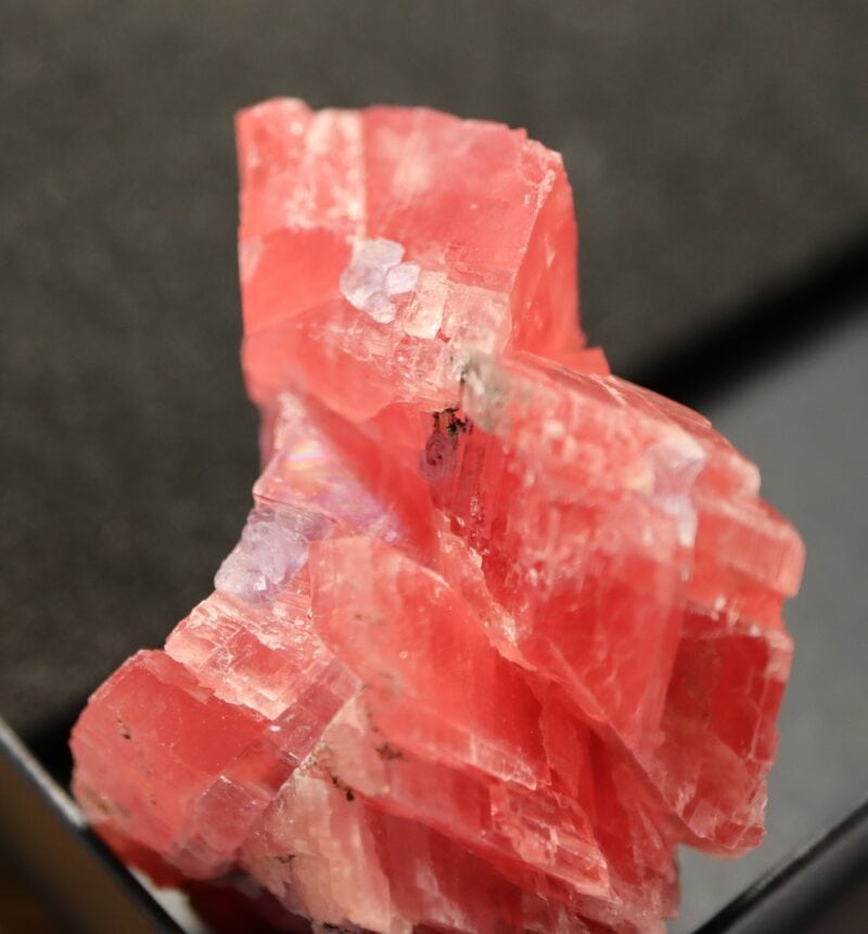 Rhodocrosite Colorado. Rhodocrosite cristallisée en rhomboèdres avec petit cristal de fluorine violette . Mine de Sweet home, Alma. 6cmx4cm.