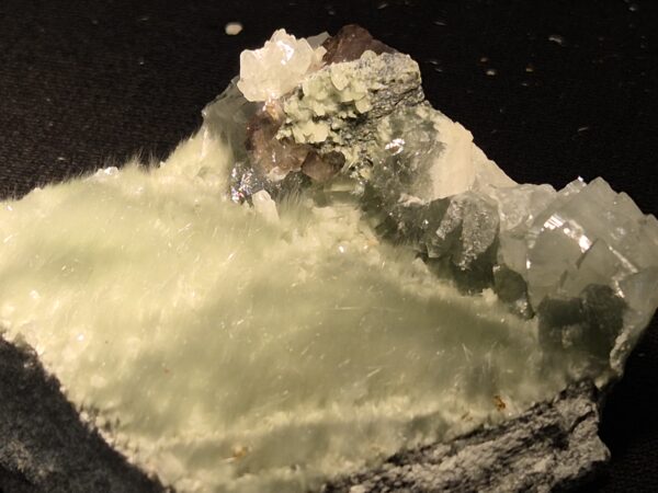 Prénite et Byssolite dans le Massif de l'Oisans (Alpes Dauphinoises) Le Massif du Pelvoux, situé dans l'Oisans, est mondialement célèbre pour la qualité de ses minéraux de fentes alpines. Parmi les associations les plus caractéristiques et esthétiques, celle de la Prehnite et de la Byssolite occupe une place de choix. Ces minéraux témoignent de phases de cristallisation successives dans les fissures du massif. I. La Byssolite : les "Cheveux d'Ange" La Byssolite est une variété fibreuse de l'Actinote (un minéral du groupe des amphiboles). Son nom vient du grec byssos qui signifie "matière soyeuse" ou "fils fins". Composition : Silicate de calcium, magnésium et fer $(\text{Ca}_2(\text{Mg}, \text{Fe})_5\text{Si}_8\text{O}_{22}(\text{OH})_2)$. Apparence : Elle se présente sous forme de faisceaux denses ou de touffes de cristaux aciculaires extrêmement fins et flexibles, ressemblant à des cheveux ou des fibres. Couleur : Généralement vert foncé à presque noir, en fonction de la teneur en fer. Rôle dans l'Oisans : Dans les fentes alpines de l'Oisans, la Byssolite est un des premiers minéraux à cristalliser. Elle tapisse souvent les parois des géodes ou se fixe sur le Quartz Fumé. Elle est cruciale, car elle sert souvent de support ou de germe de cristallisation pour les minéraux ultérieurs. II. La Prehnite : la Tendre Étape La Prehnite est un silicate de calcium et d'aluminium qui est généralement un produit de l'altération hydrothermale à basse température. Elle a été nommée d'après le colonel Hendrik von Prehn. Composition : Silicate de calcium et d'aluminium $(\text{Ca}_2\text{Al}(\text{AlSi}_3\text{O}_{10})(\text{OH})_2)$. Apparence : Contrairement aux formes prismatiques, la Prehnite de l'Oisans se présente le plus souvent sous des formes globulaires, botryoïdales (en grappes) ou en croûtes mamelonnées. Couleur : Elle est typiquement d'un vert pomme très pâle, d'un vert-jaune doux, voire presque incolore. Sa translucidité lui donne un aspect cireux ou résineux très agréable. Formation dans l'Oisans : Elle cristallise plus tardivement que la Byssolite, se déposant sur les minéraux déjà formés. III. La Célèbre Association Prehnite-Byssolite L'intérêt majeur des spécimens de l'Oisans réside dans la relation intime entre ces deux minéraux. La Croissance : La Prehnite cristallise souvent en formant des sphères qui enrobent, englobent ou traversent les touffes de Byssolite préexistantes. L'Esthétique : Le contraste entre le vert doux et laiteux de la Prehnite et les faisceaux sombres et filiformes de la Byssolite crée des pièces très esthétiques. L'effet le plus recherché est lorsque les fibres de Byssolite sont partiellement incluses dans la Prehnite, donnant l'impression que la sphère de Prehnite est "poilue" ou présente des rayons sombres internes. Point d'Intérêt : C'est un excellent exemple de pseudomorphose partielle ou d'inclusion épitaxiale, où un minéral utilise la structure d'un autre pour sa propre croissance. IV. Localités Notables dans l'Oisans Les cristalliers trouvent ces associations dans les fentes des massifs de l'Oisans (comme les aiguilles d'Arves, les Deux-Alpes, ou dans le secteur du Bourg-d'Oisans), souvent dans des roches métamorphiques comme les schistes ou les gneiss. Ces zones subissent l'érosion glaciaire qui expose régulièrement de nouvelles fentes.